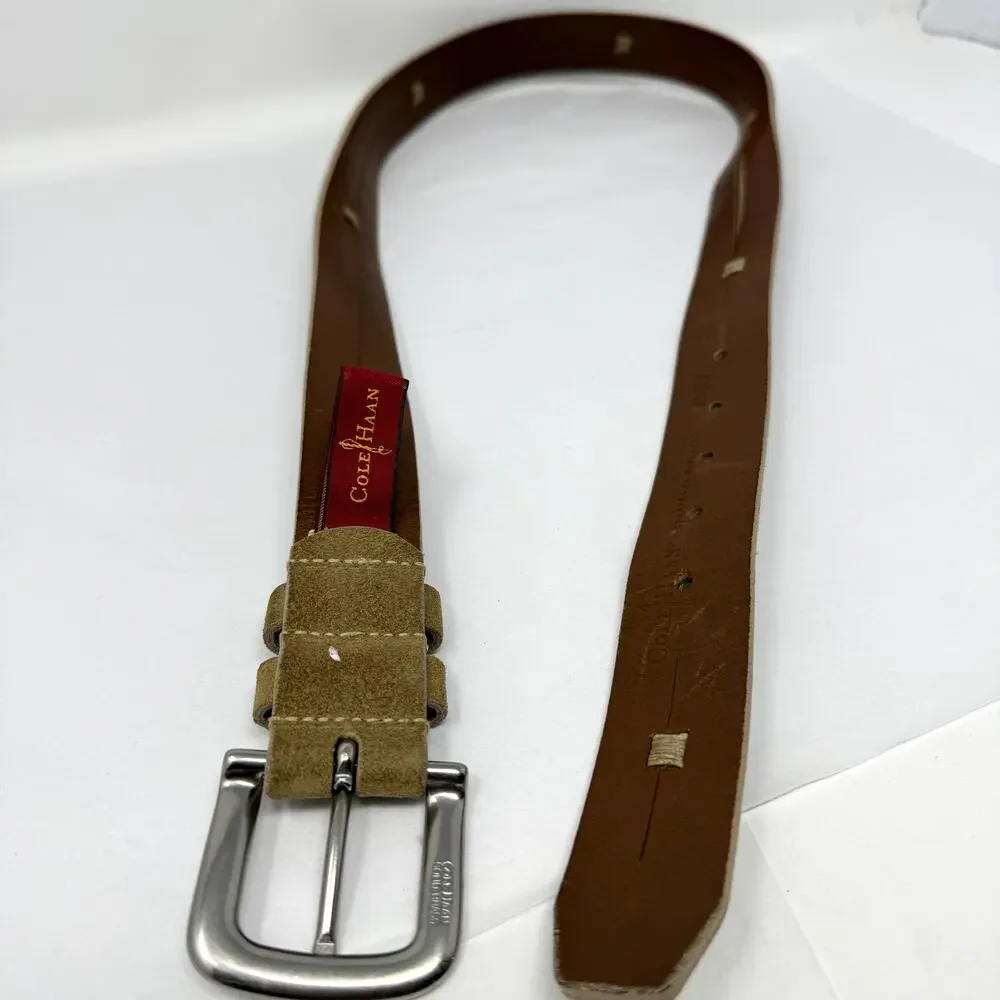 Cole Haan England Suede Leather Belt Tan Solid Brass Buckle 34 NWOT Rare